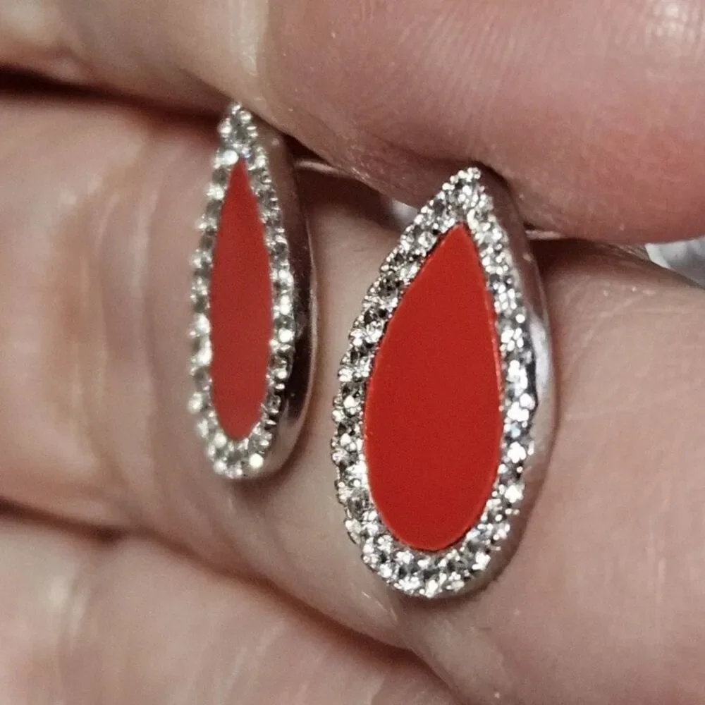 Sterling Silver With Red Teardrop Shaped Rhinestone Accent Dainty Earrings